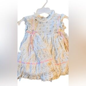 Vintage 70s Baby Girl Ruffle 9 Month Pink Lace Sleeveless White Dress Coquette
